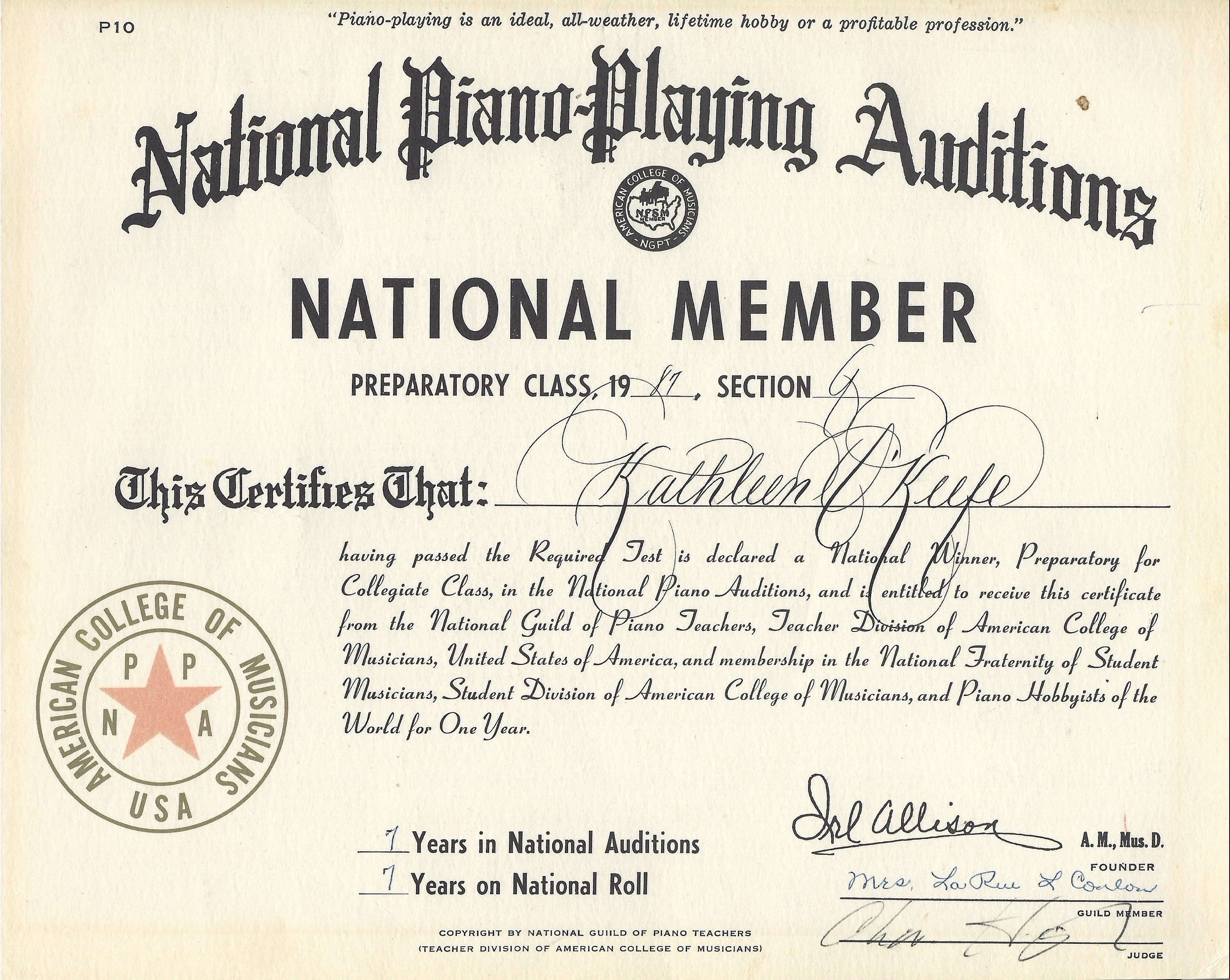 1987 National Piano-Playing Auditions National Member certificate for Kathleen O'Keefe